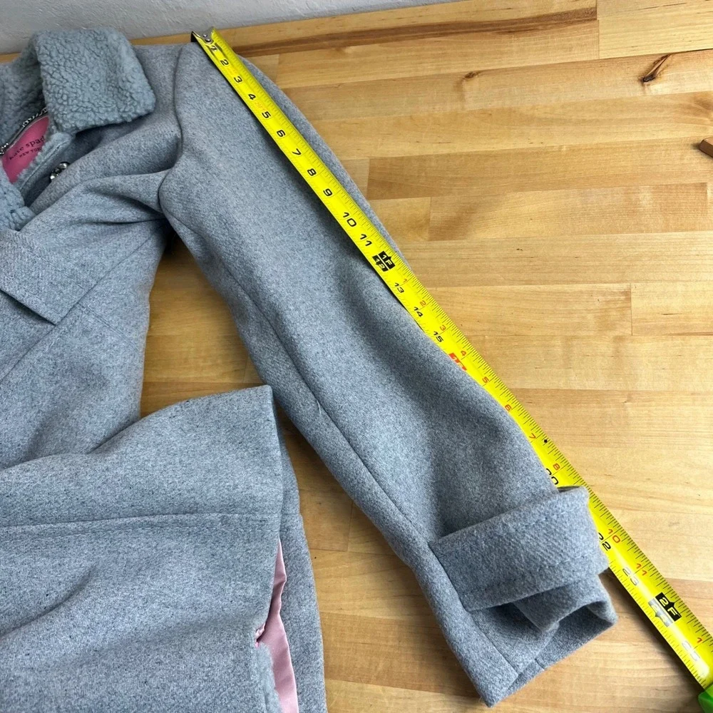Kate Spade Grey Wool Blend Coat Sherpa Trim Collar Trench Jacket K21765Y Size XS